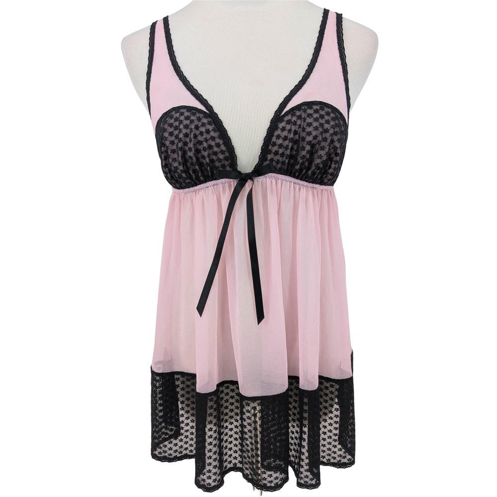 Y2K Victorias Secret Babydoll Cami M Pink Black Lace Sheer‎ Coquette Sexy Indie